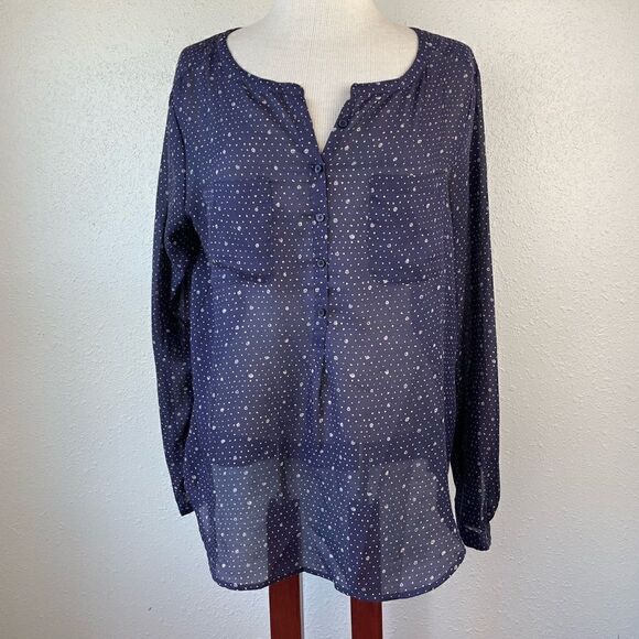 LOFT Sheer Navy Blue Button Down Top Size L EUC - Picture 1 of 6